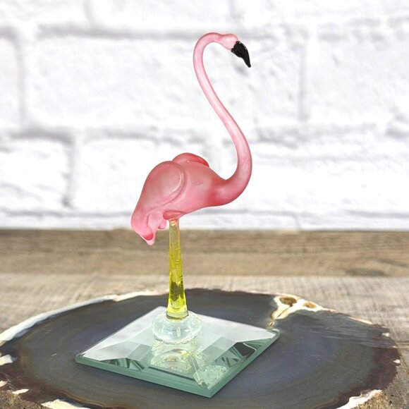Unbranded Other - Vintage Pink Flamingo Hand Blown Frosted Art Glass Mirror Base Repair or Parts